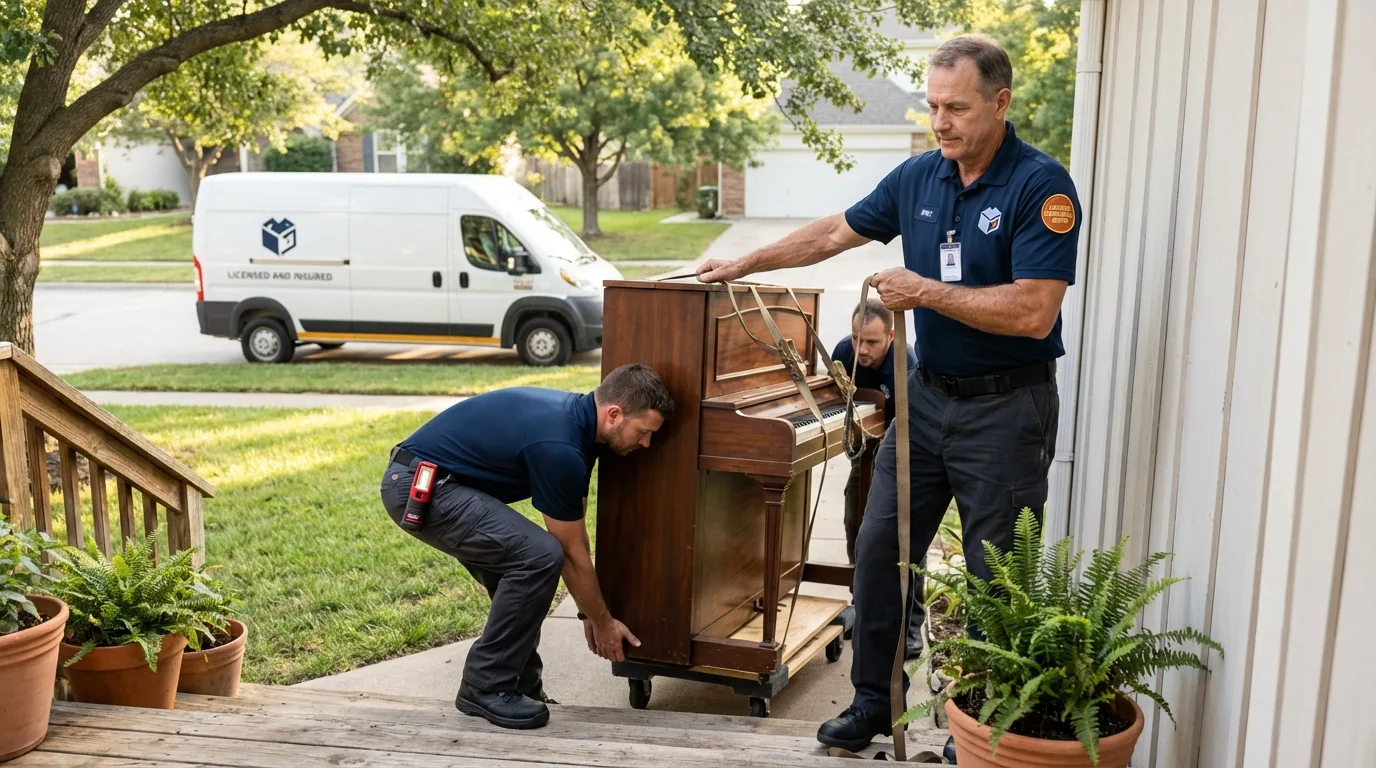 Licensed piano movers securing grand piano in Melbourne, AR
